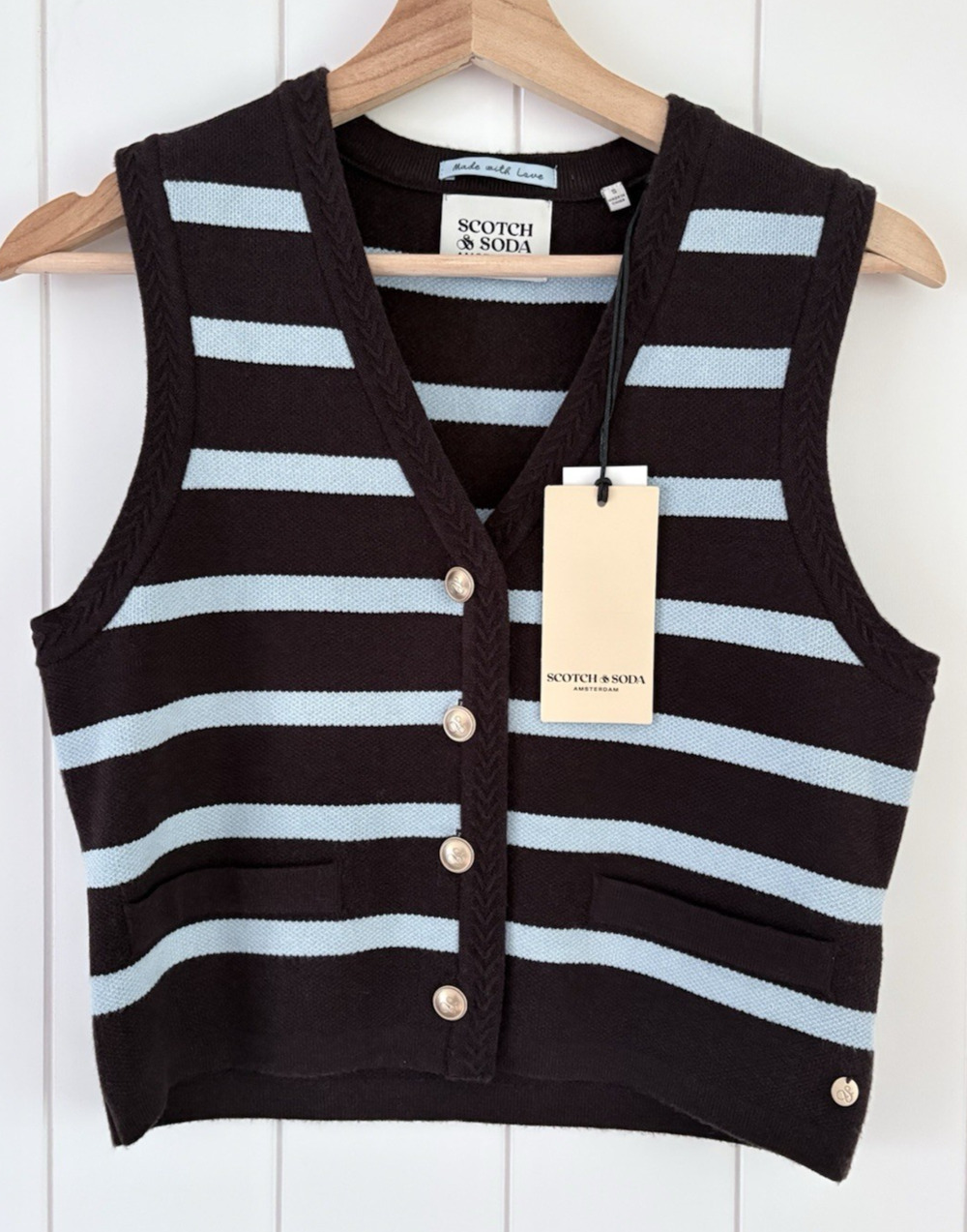 Scotch & Soda Striped Sweater Vest Brown Blue Gold Cropped Preppy Old Money S